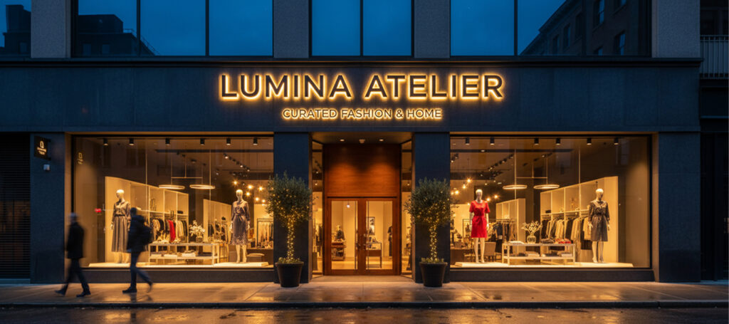 Enseigne lumineuse en lettres boîtiers éclairées sur la façade d’une boutique de mode, de nuit