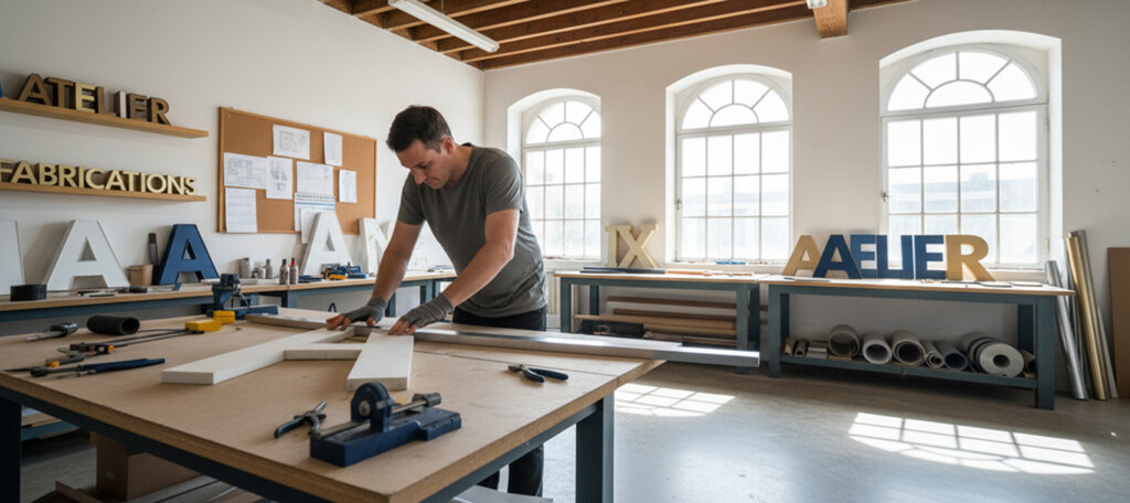 Artisan en train de fabriquer les lettres d’une enseigne dans un atelier de fabrication